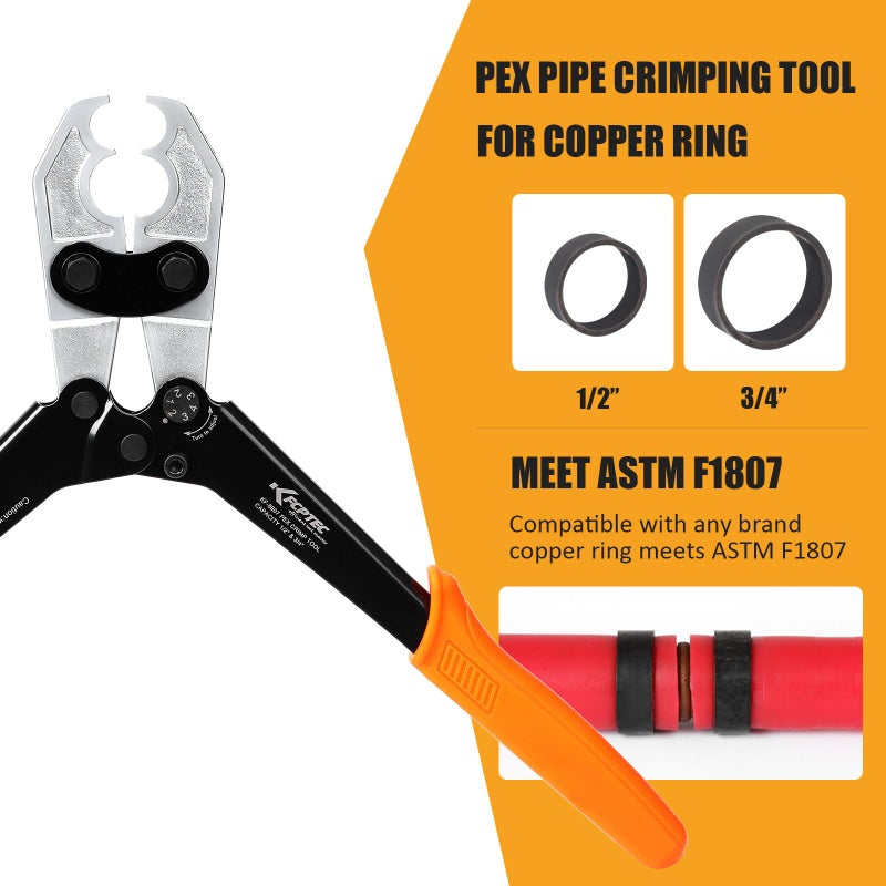 KF CPTEC 1/2'' & 3/4'' Combo PEX Crimping Tool for Copper Crimp Rings with Go/No-Go Gauge, Meets ASTM F1807 Standard, Durable Plumbing Tool - Image 3
